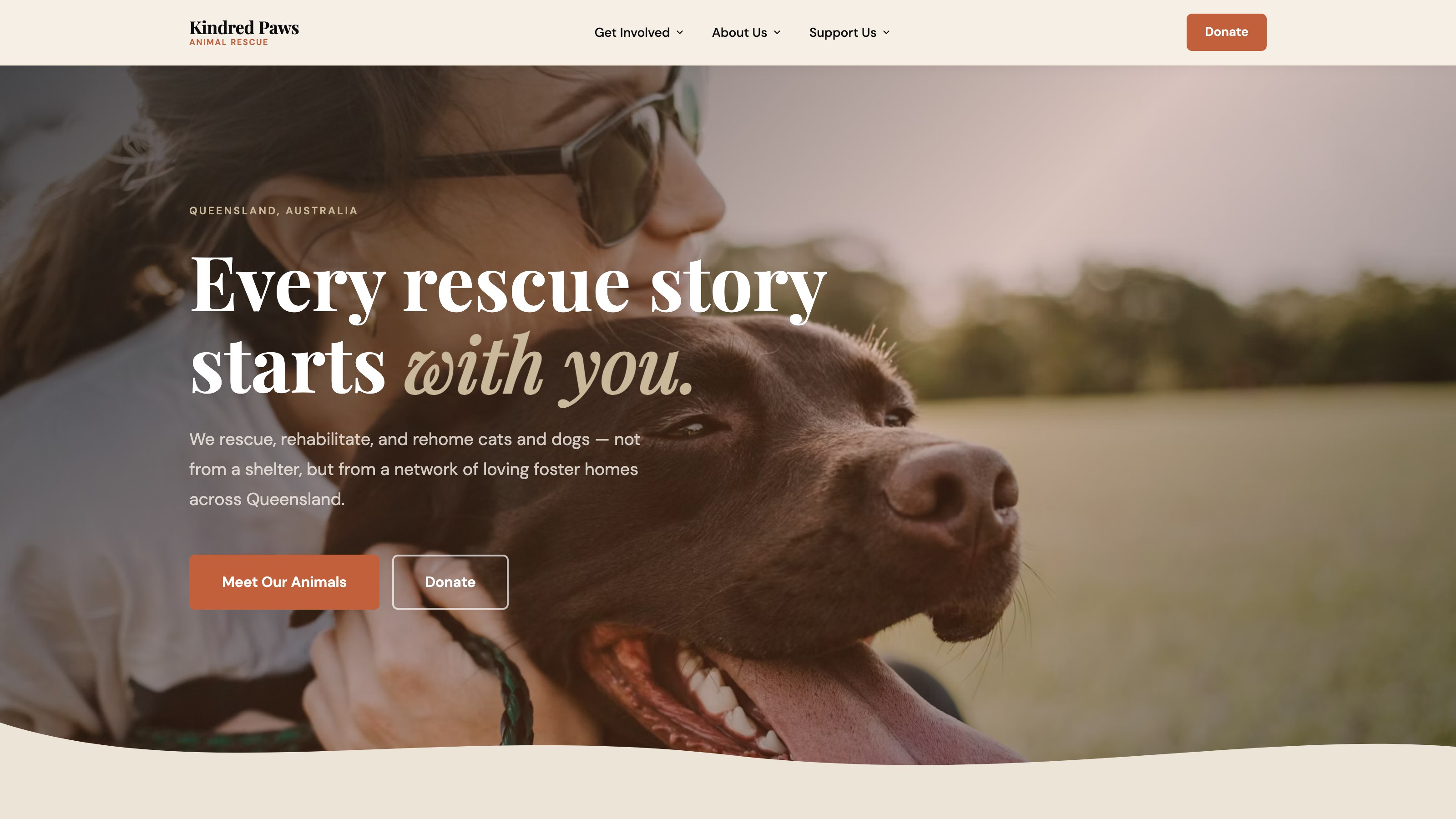 Kindred Paws Rescue website after redesign — warm, clear, community-driven