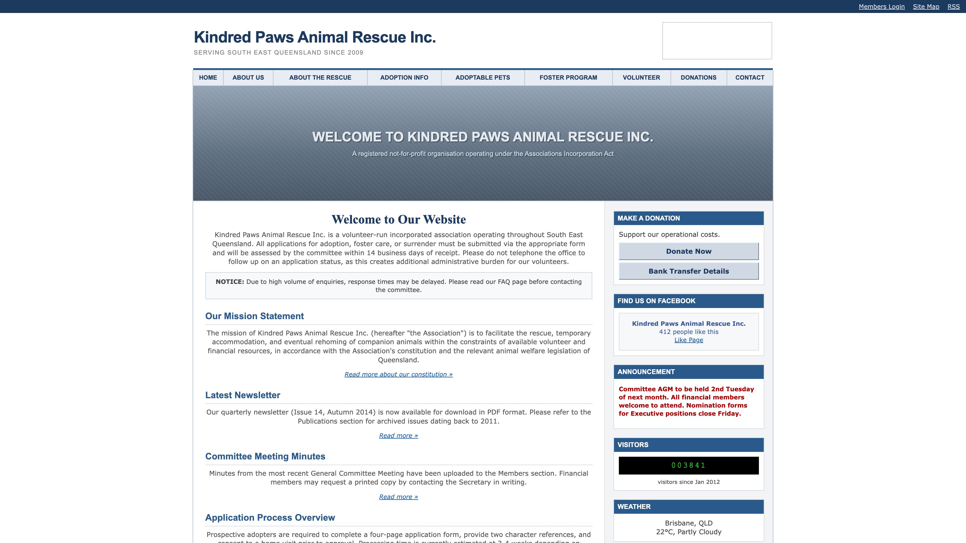 Kindred Paws Rescue website before redesign — cold, cluttered, hard to navigate